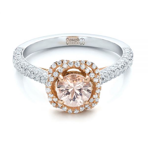  14K Gold And 14k Rose Gold Custom Pink Sapphire And Diamond Halo Engagement Ring - Flat View -  102136