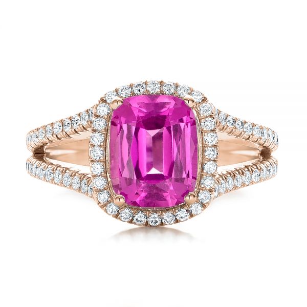 18k Rose Gold 18k Rose Gold Custom Pink Sapphire And Diamond Halo Engagement Ring - Top View - 1103