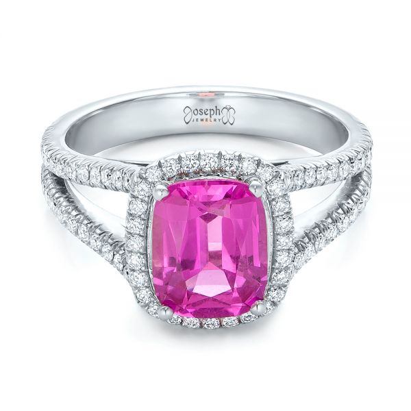 18k White Gold Custom Pink Sapphire And Diamond Halo Engagement Ring - Flat View - 1103