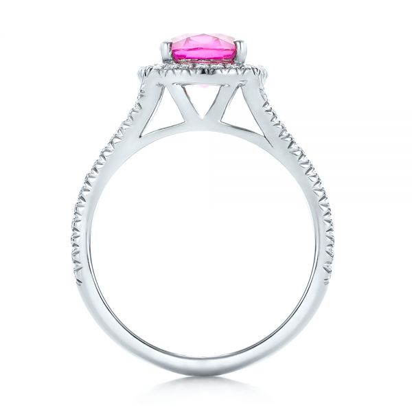 18k White Gold Custom Pink Sapphire And Diamond Halo Engagement Ring - Front View - 1103