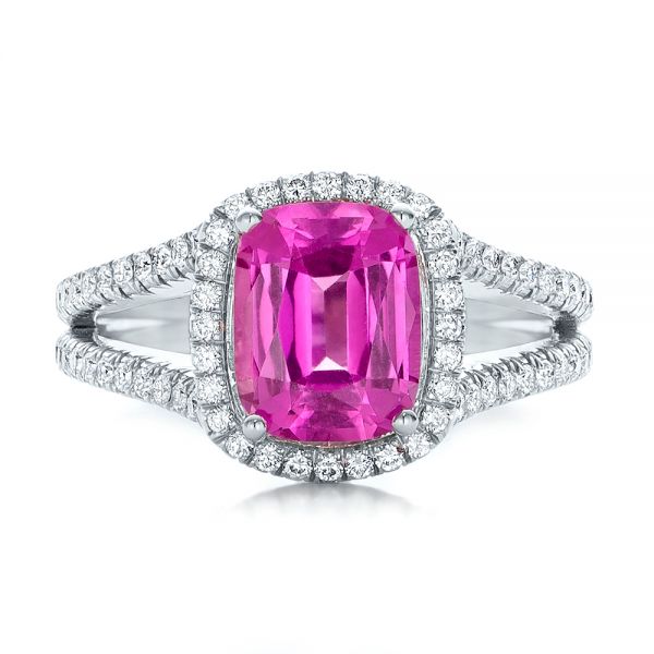 18k White Gold Custom Pink Sapphire And Diamond Halo Engagement Ring - Top View - 1103