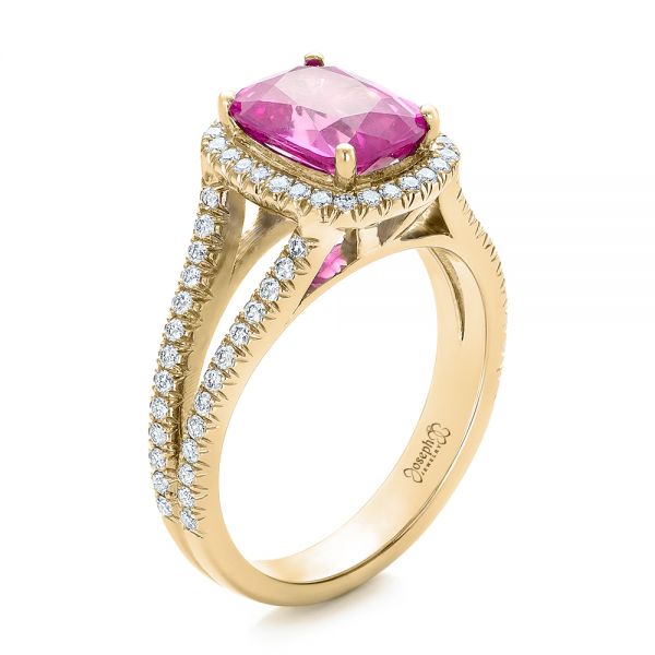 14k Yellow Gold 14k Yellow Gold Custom Pink Sapphire And Diamond Halo Engagement Ring - Three-Quarter View -  1103