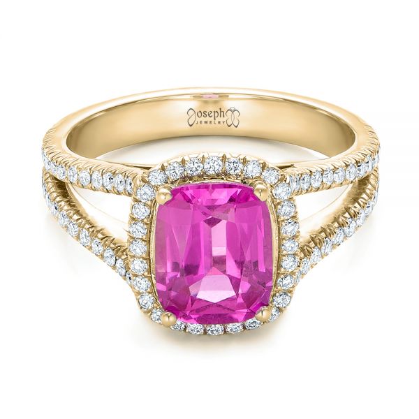 18k Yellow Gold 18k Yellow Gold Custom Pink Sapphire And Diamond Halo Engagement Ring - Flat View -  1103