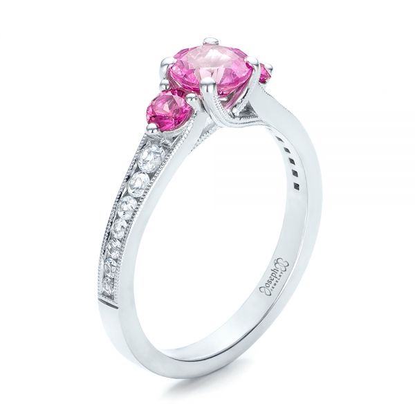 14k White Gold Custom Pink And White Sapphire Engagement Ring - Three-Quarter View -  100883