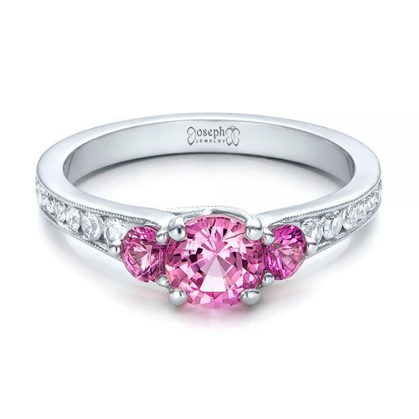 14k White Gold Custom Pink And White Sapphire Engagement Ring - Flat View -  100883