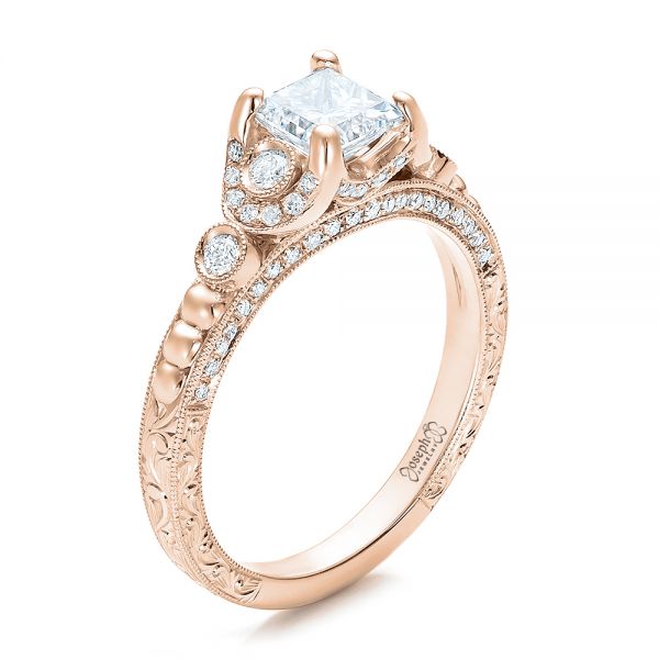 18k Rose Gold 18k Rose Gold Custom Princess Cut Diamond Engagement Ring - Three-Quarter View -  100778
