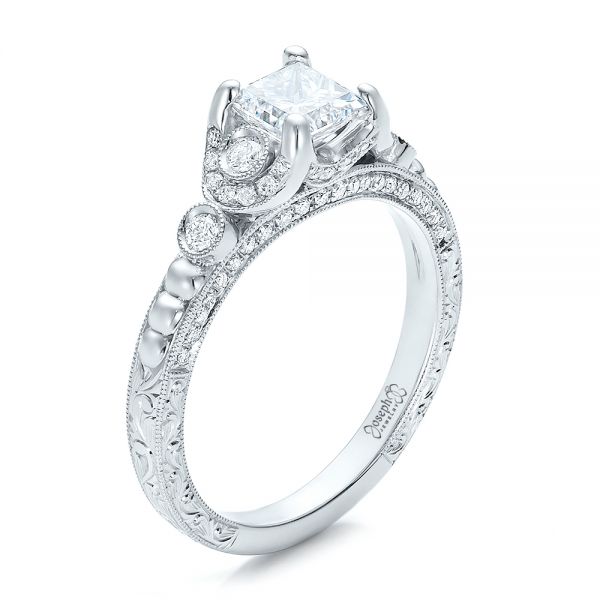 18k White Gold Custom Princess Cut Diamond Engagement Ring - Three-Quarter View -  100778