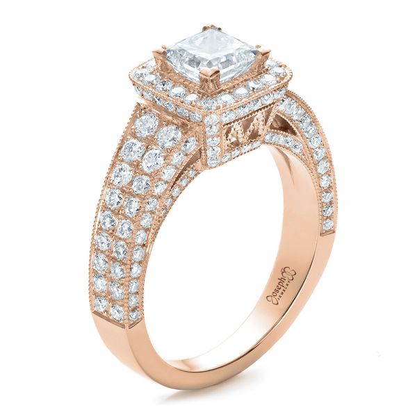 18k Rose Gold 18k Rose Gold Custom Princess Cut Diamond Halo Engagement Ring - Three-Quarter View -  100576