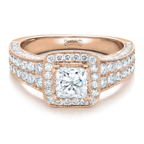 18k Rose Gold 18k Rose Gold Custom Princess Cut Diamond Halo Engagement Ring - Flat View -  100576