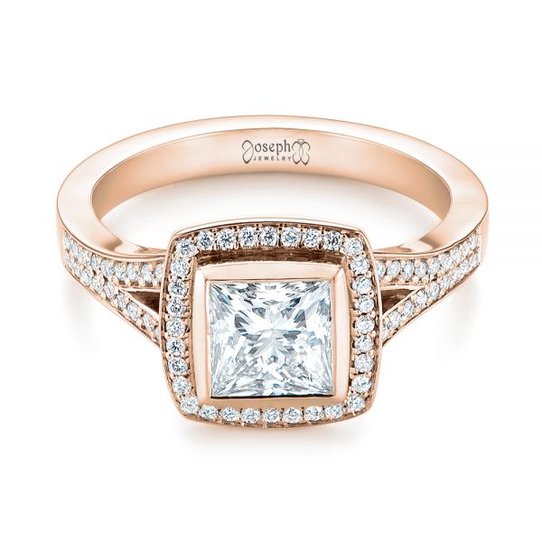 18k Rose Gold 18k Rose Gold Custom Princess Cut Diamond Halo Engagement Ring - Flat View -  104782