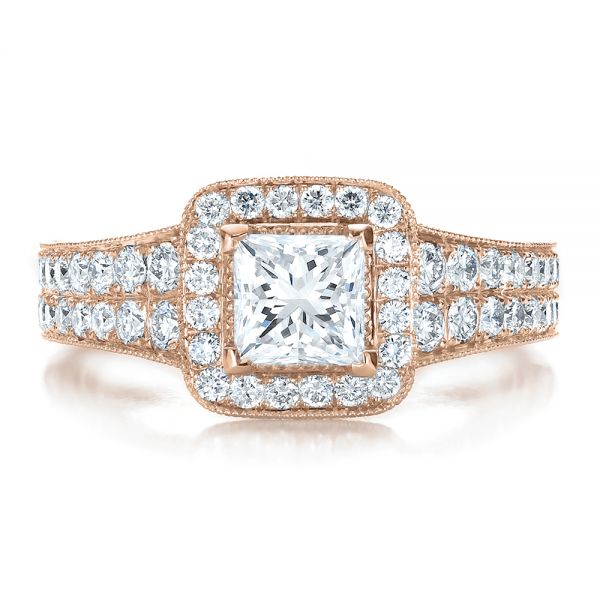 18k Rose Gold 18k Rose Gold Custom Princess Cut Diamond Halo Engagement Ring - Top View - 100576