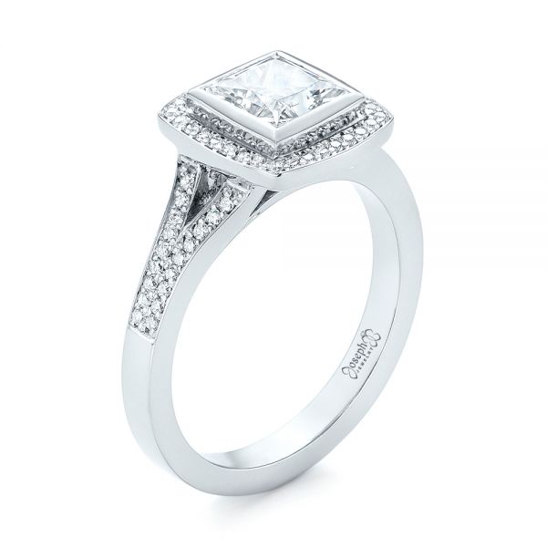 14k White Gold Custom Princess Cut Diamond Halo Engagement Ring - Three-Quarter View -  104782