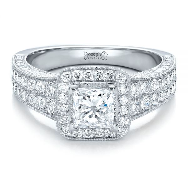  Platinum Custom Princess Cut Diamond Halo Engagement Ring - Flat View -  100576