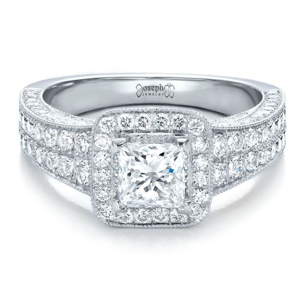 Platinum Custom Princess Cut Diamond Halo Engagement Ring - Flat View - 100576