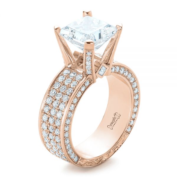 14k Rose Gold 14k Rose Gold Custom Princess Cut Diamond And Pave Engagement Ring - Three-Quarter View -  102276