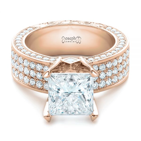 18k Rose Gold 18k Rose Gold Custom Princess Cut Diamond And Pave Engagement Ring - Flat View -  102276