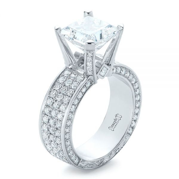  Platinum Custom Princess Cut Diamond And Pave Engagement Ring - Three-Quarter View -  102276