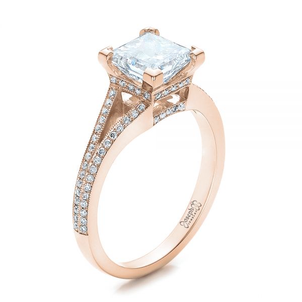 14k Rose Gold 14k Rose Gold Custom Princess Cut Diamond And Split Shank Engagement Ring - Three-Quarter View -  100807