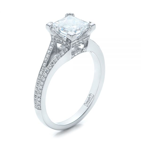  Platinum Custom Princess Cut Diamond And Split Shank Engagement Ring - Three-Quarter View -  100807