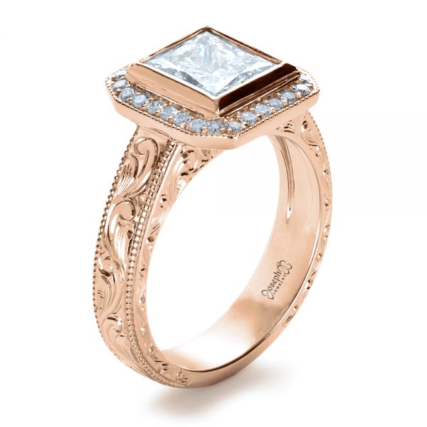 18k Rose Gold 18k Rose Gold Custom Princess Cut Halo Engagement Ring - Three-Quarter View -  1209