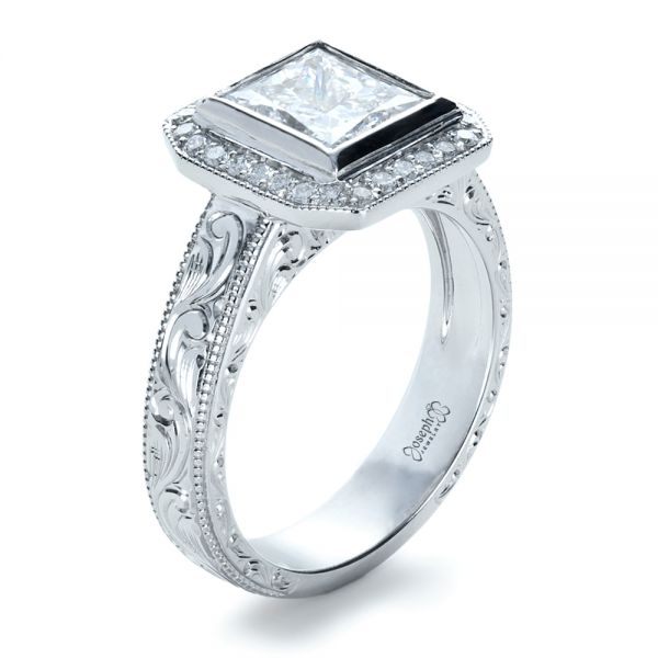 18k White Gold 18k White Gold Custom Princess Cut Halo Engagement Ring - Three-Quarter View -  1209