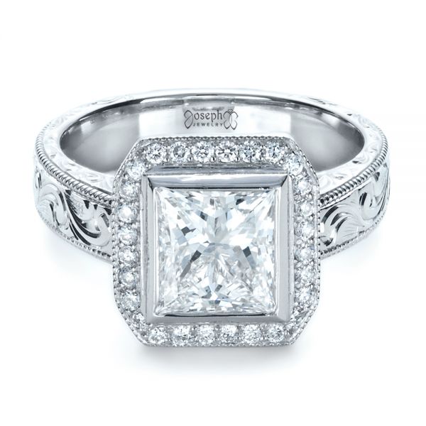 14k White Gold Custom Princess Cut Halo Engagement Ring - Flat View - 1209