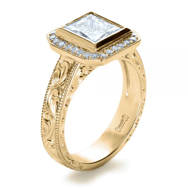 18k Yellow Gold 18k Yellow Gold Custom Princess Cut Halo Engagement Ring - Three-Quarter View - 1209