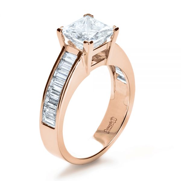 18k Rose Gold 18k Rose Gold Custom Princess Cut And Baguette Diamond Engagement Ring - Three-Quarter View -  1131