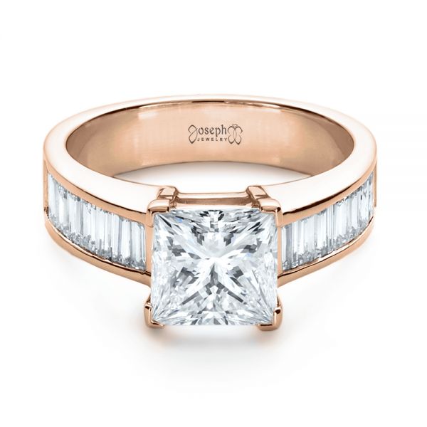 18k Rose Gold 18k Rose Gold Custom Princess Cut And Baguette Diamond Engagement Ring - Flat View -  1131