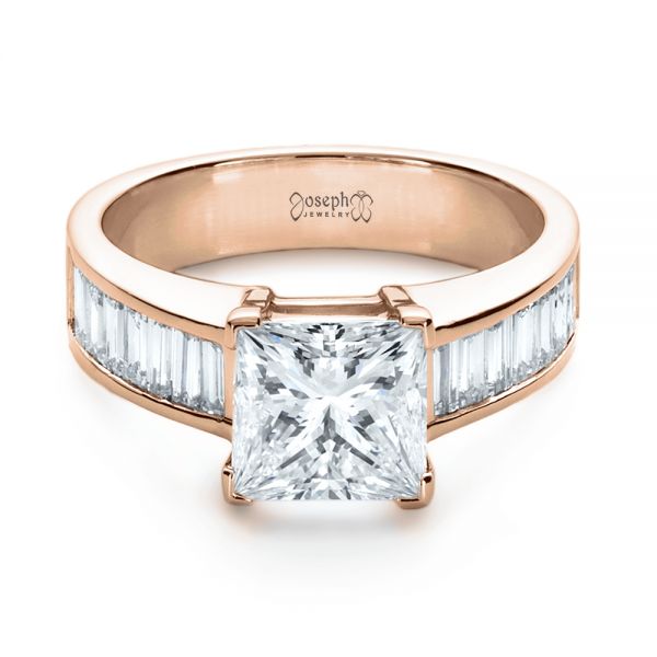 14k Rose Gold 14k Rose Gold Custom Princess Cut And Baguette Diamond Engagement Ring - Flat View - 1131