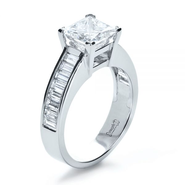 18k White Gold 18k White Gold Custom Princess Cut And Baguette Diamond Engagement Ring - Three-Quarter View -  1131