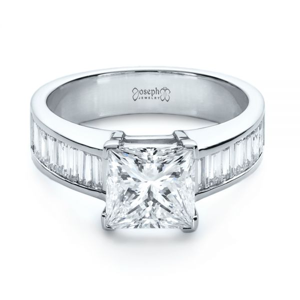 14k White Gold 14k White Gold Custom Princess Cut And Baguette Diamond Engagement Ring - Flat View -  1131
