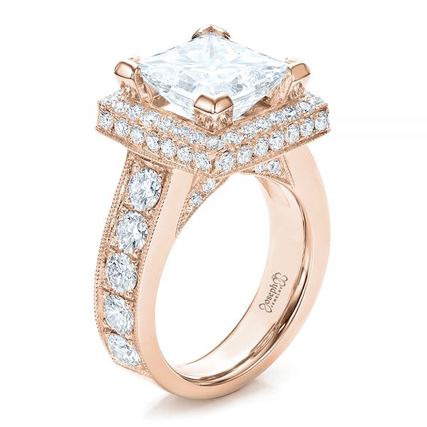 14k Rose Gold 14k Rose Gold Custom Princess Cut And Halo Engagement Ring - Three-Quarter View -  100124