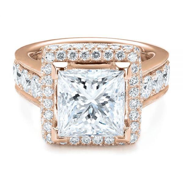 18k Rose Gold 18k Rose Gold Custom Princess Cut And Halo Engagement Ring - Flat View -  100124