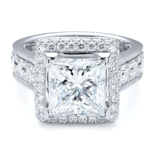  Platinum Custom Princess Cut And Halo Engagement Ring - Flat View -  100124