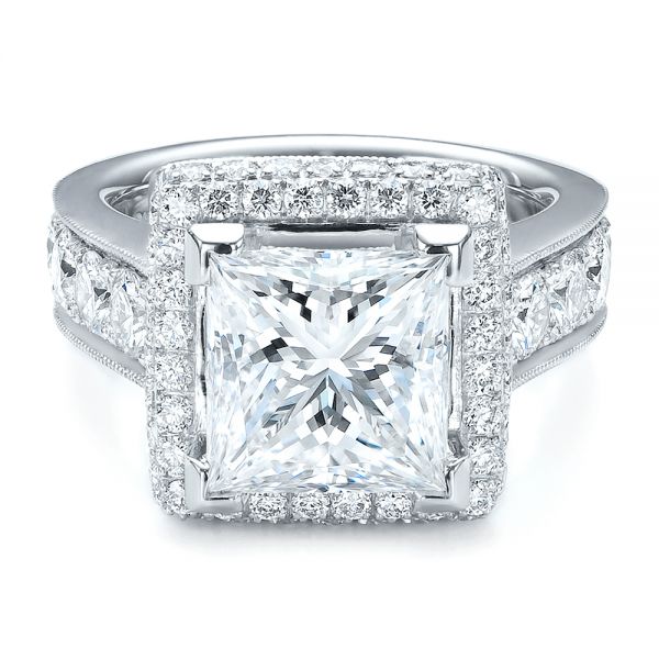 Platinum Custom Princess Cut And Halo Engagement Ring - Flat View - 100124