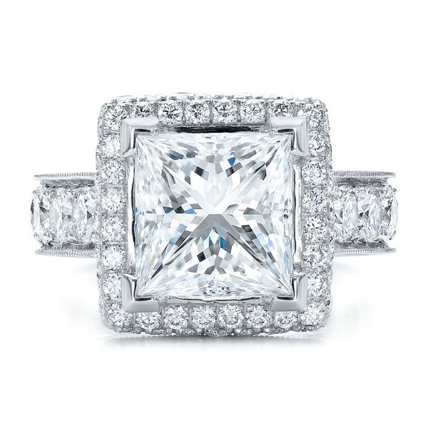 Platinum Custom Princess Cut And Halo Engagement Ring - Top View - 100124