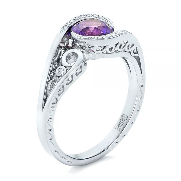 18k White Gold 18k White Gold Custom Purple Sapphire And Diamond Engagement Ring - Three-Quarter View -  102080