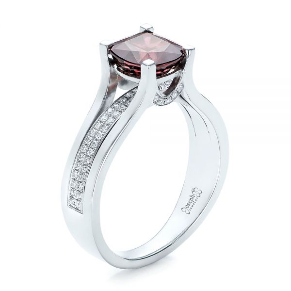 18k White Gold 18k White Gold Custom Red Zircon And Diamond Engagement Ring - Three-Quarter View -  101475
