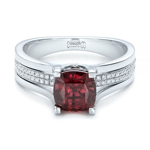 14k White Gold Custom Red Zircon And Diamond Engagement Ring - Flat View - 101475