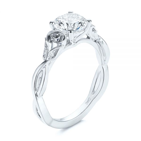18k White Gold Custom Rose Floral Diamond Engagement Ring - Three-Quarter View -  105520