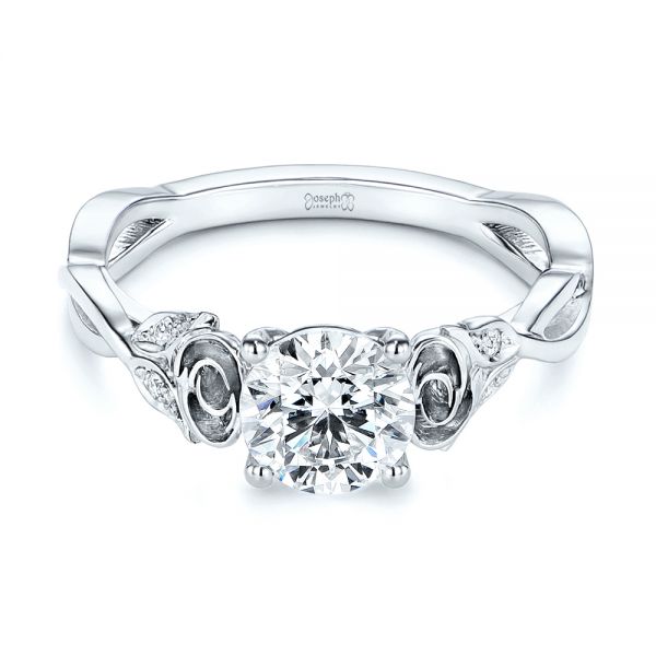 18k White Gold Custom Rose Floral Diamond Engagement Ring - Flat View -  105520