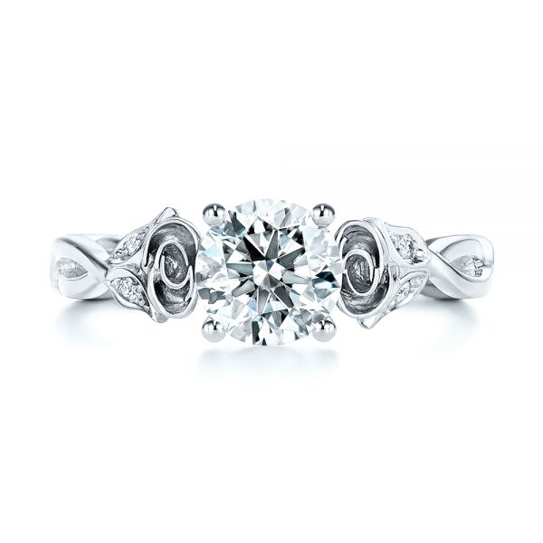 18k White Gold Custom Rose Floral Diamond Engagement Ring - Top View -  105520 - Thumbnail