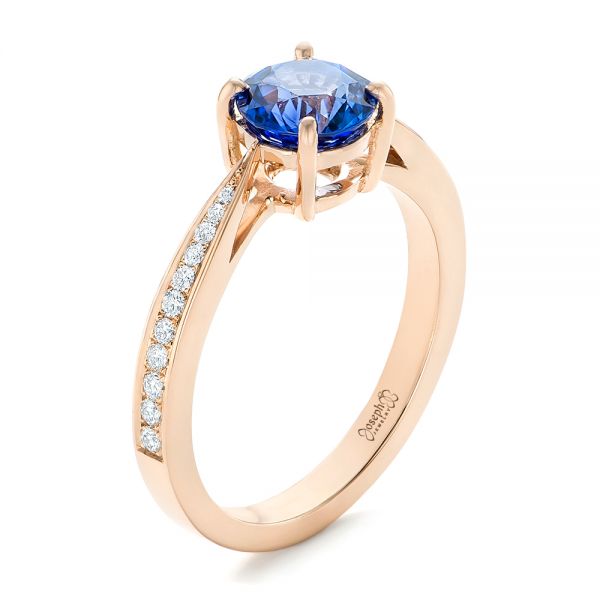 14k Rose Gold Custom Blue Sapphire And Diamond Engagement Ring - Three-Quarter View -  102801