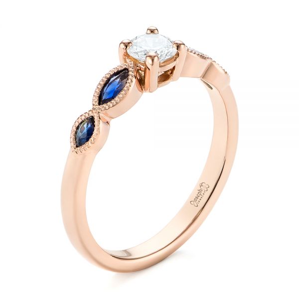 14k Rose Gold Custom Blue Sapphire And Diamond Engagement Ring - Three-Quarter View -  104007
