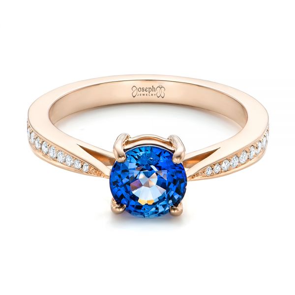 14k Rose Gold Custom Blue Sapphire And Diamond Engagement Ring - Flat View -  102801