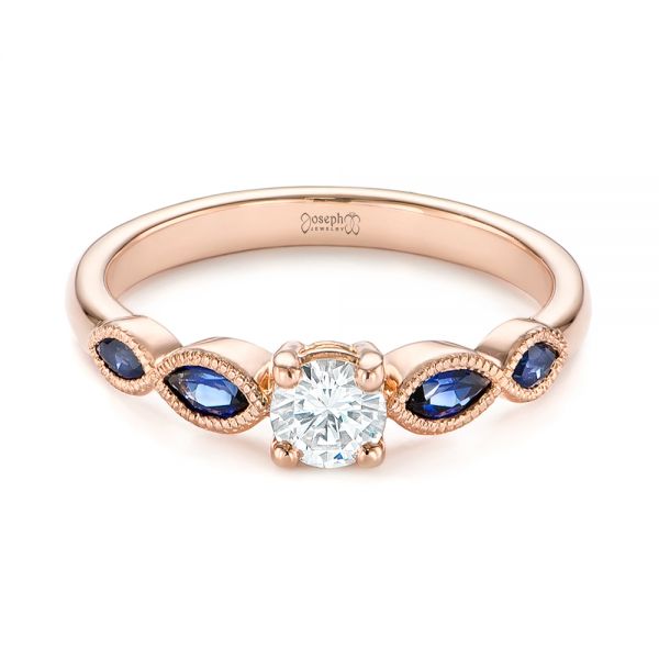 14k Rose Gold Custom Blue Sapphire And Diamond Engagement Ring - Flat View -  104007