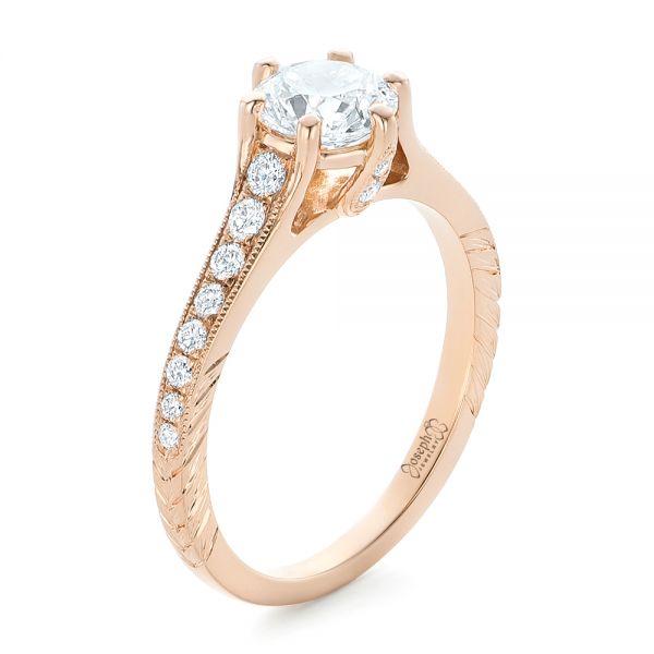 18k Rose Gold Custom Diamond Engagement Ring - Three-Quarter View -  102380