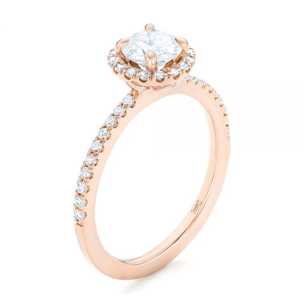 14k Rose Gold Custom Diamond Halo Engagement Ring - Three-Quarter View -  102693