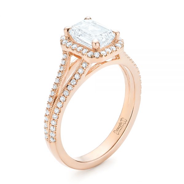14k Rose Gold Custom Diamond Halo Engagement Ring - Three-Quarter View -  102875